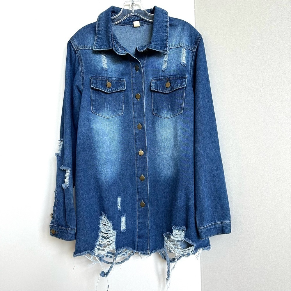 Destroyed Jean Jacket Stretch Denim Distressed Faded Blue Wash Button Front